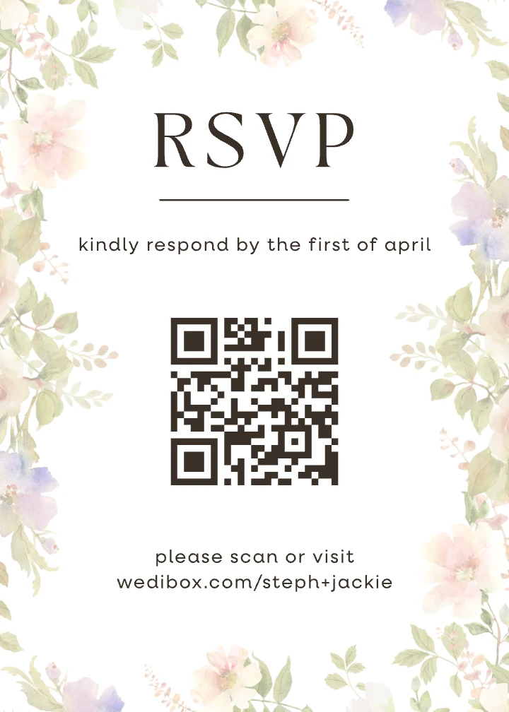 Floral wedding RSVP card with a QR code guests scan to respond
